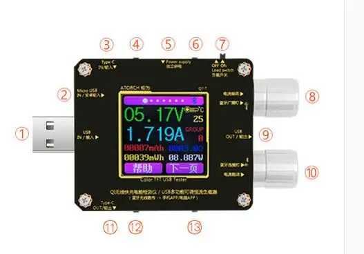 Цифровой Bluetooth QI беспроводной зарядное устройство Тестер TFT цветной экран напряжение амперометр для Usb быстрая зарядка нагрузочный инструмент
