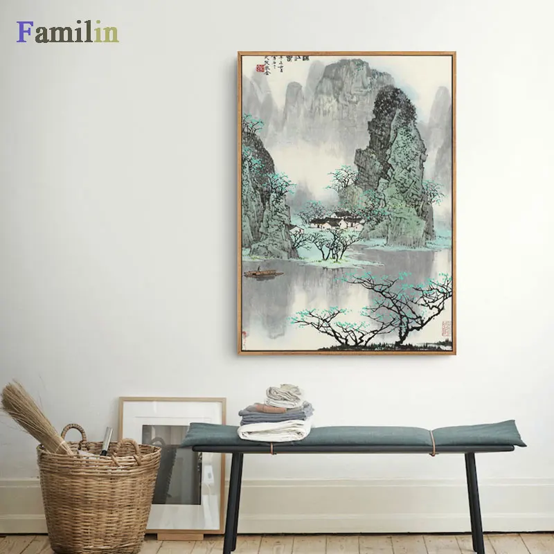 Картина на холсте большого размера Классическая азиатская китайская чернильная