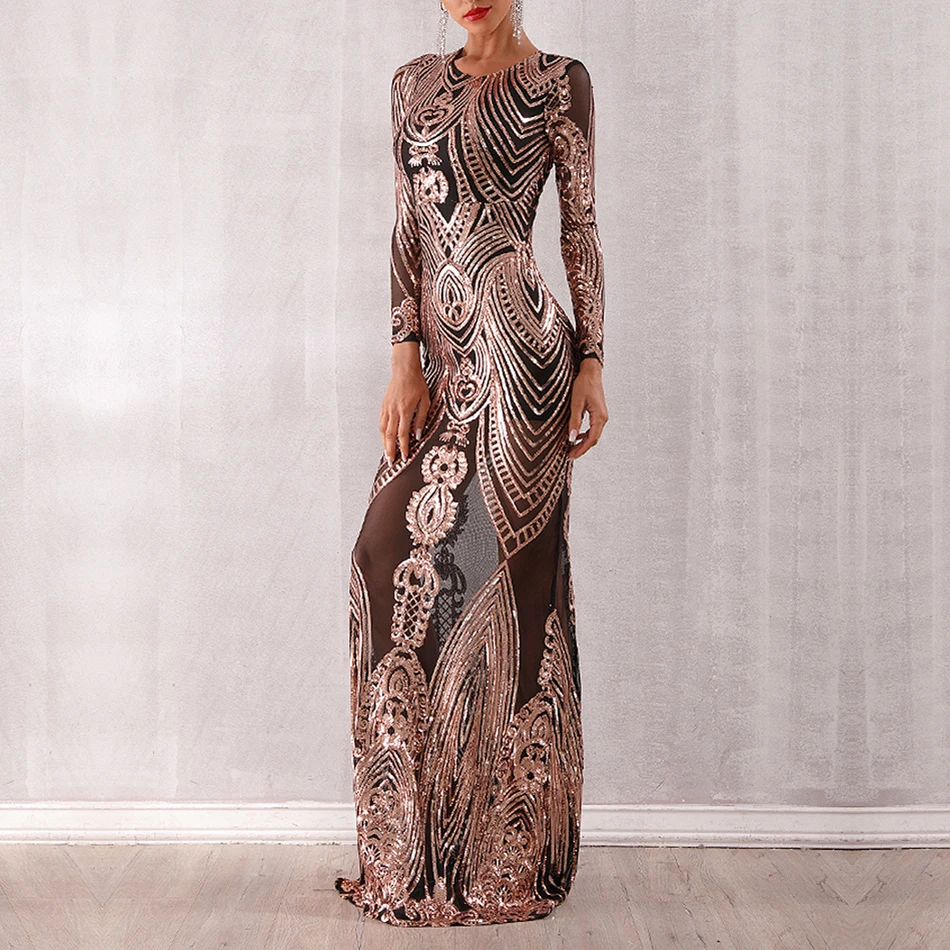 Женское платье с круглым вырезом Liser Золотое облегающее блестками для вечеринки