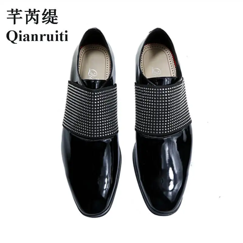 Qianruiti модные туфли на официальное событие Для мужчин туфли под платье из лакированной кожи Стразы слипоны Бизнес Туфли-оксфорды ручной работы; свадебные туфли