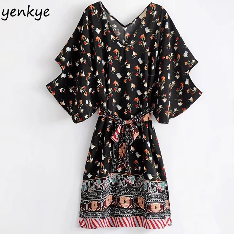 Boho Летнее платье 2018 Для женщин Винтаж черный с цветочным принтом Sexy V рукав