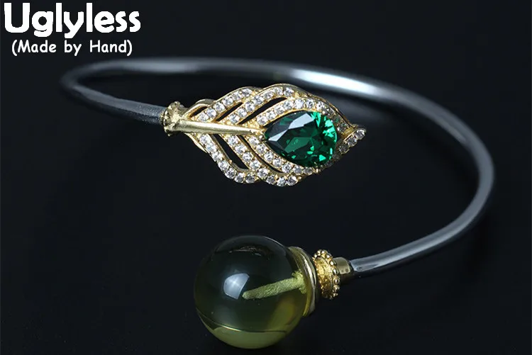 

Uglyless Real S925 Sterling Silver Palace Designer Natural Transparent Ball Bangles Women Fine Jewelry Hollow Zircon Leaf Bangle