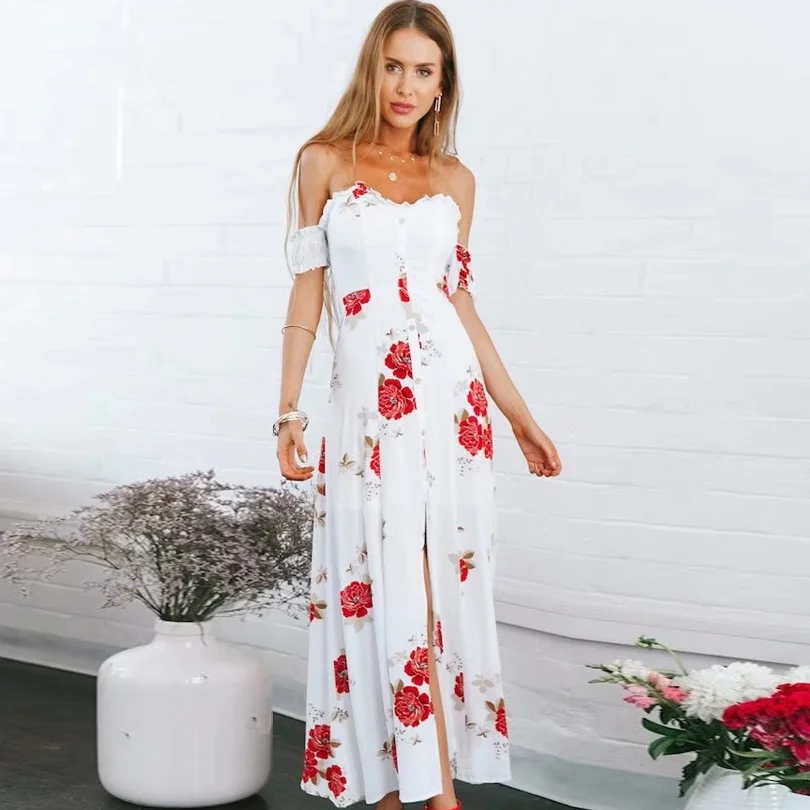 Boho с открытыми плечами платье макси Цветочный принт и пуговицы спереди чешского