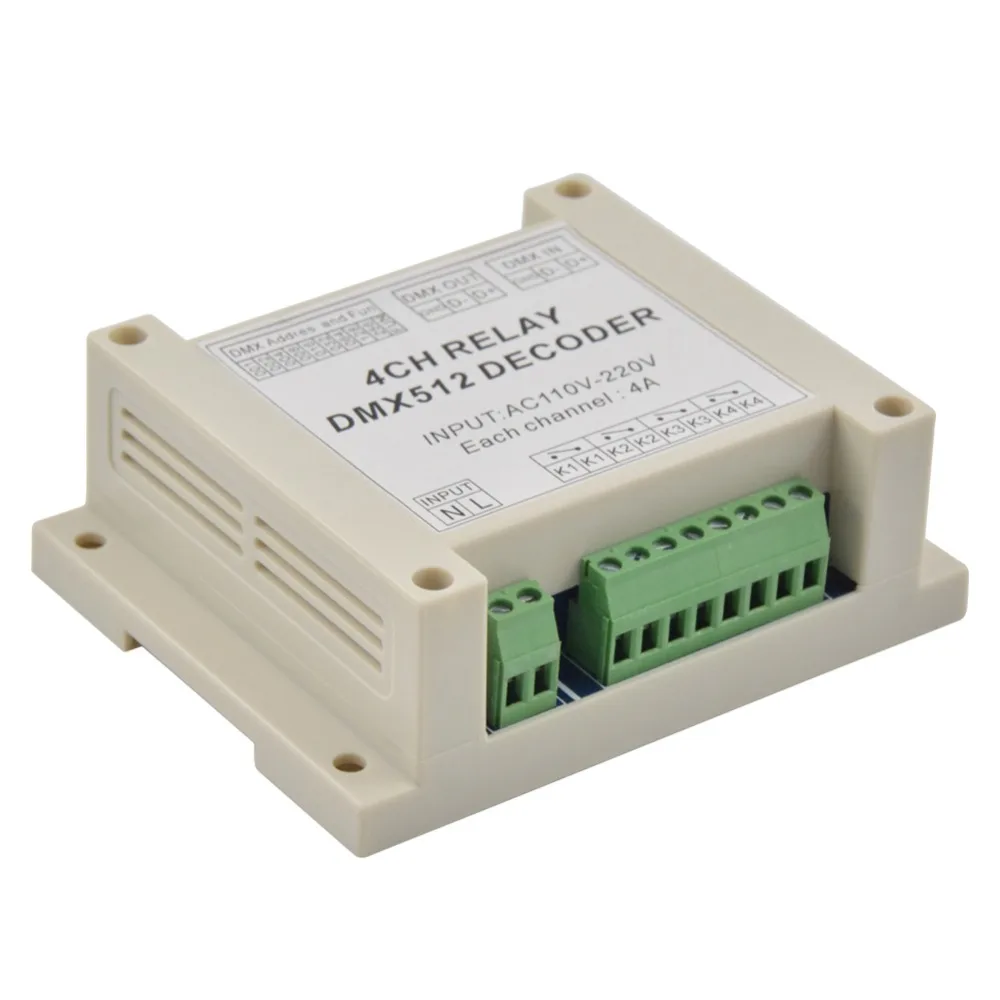 4CH dmx512 релейный контроллер выход AC110-220V вход пластиковый корпус с направляющей |