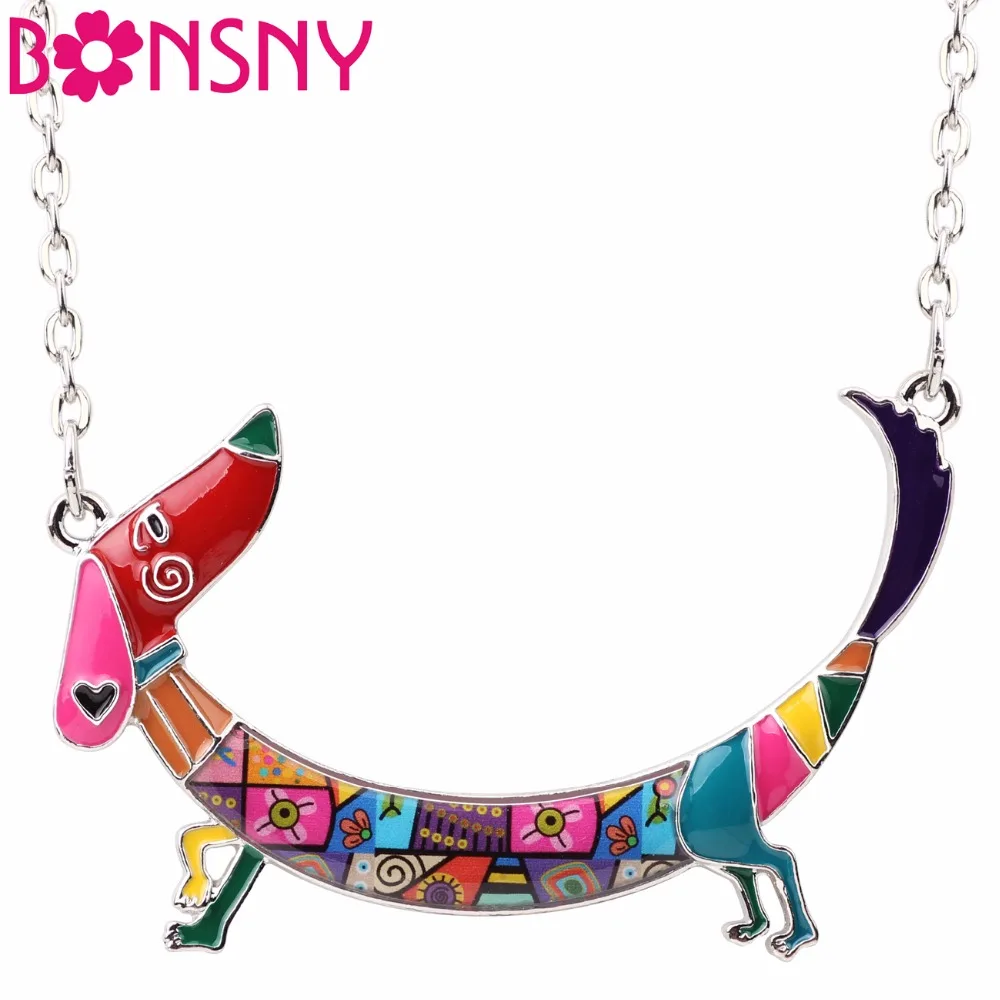 

Bonsny Metal Enamel Cute Dachshund Dog Necklace Pendant Chain Collar Cartoon Animal Jewelry For Women Girls Pet Lovers Gift Bulk