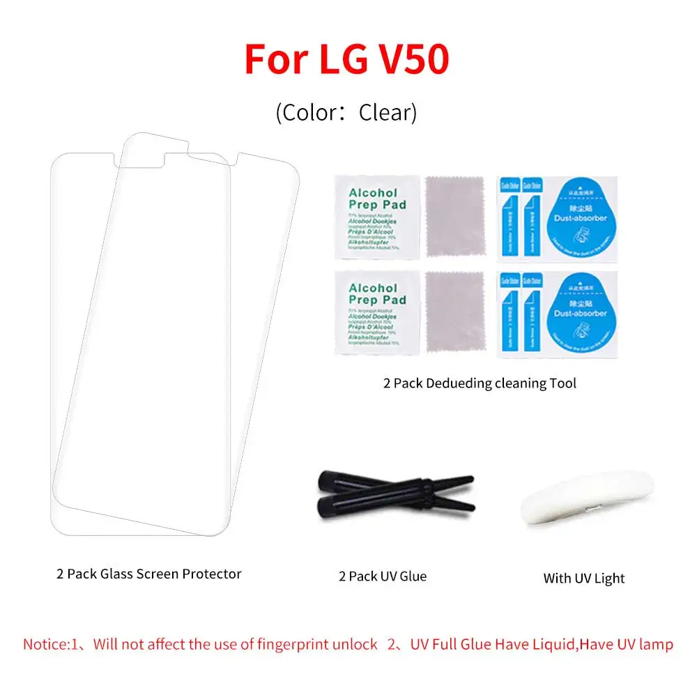LG V50 2pcs Полный клей УФ закаленное стекло для экрана пленка для LG V30 V40 V50 G7 G8 полное покрытие 3D УФ светильник жидкая пленка для LG V50 LG G8 - Цвет: LG V50 2pcs