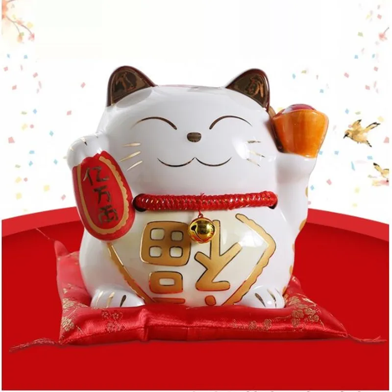10 Inches Lucky Cat Piggy Bank Fortune Cat Feng Shui Craft Maneki Neko Ceramic Cat Money Box Home Decoration Accessories R1955