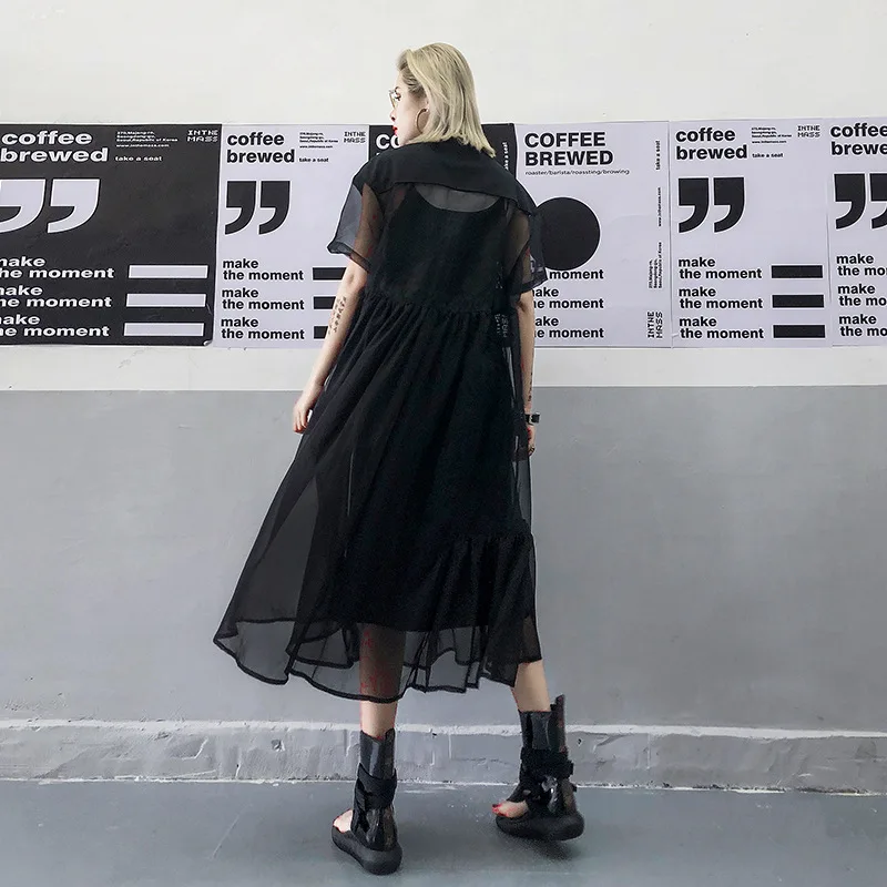 Новинка 2019 летние платья из двух частей черные сетчатые свободные уличные модные