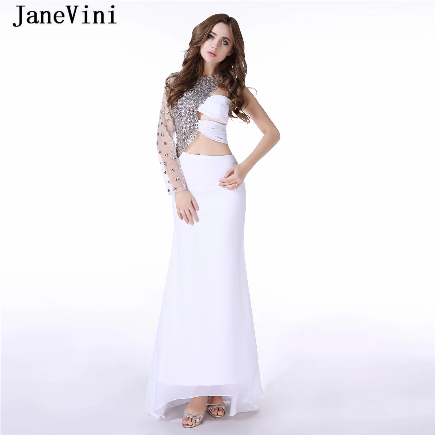 JaneVini 2019 сексуальные белые длинные вечерние платья русалки на одно плечо Роскошные Кристаллы турецкое дубайское шифоновое платье Костюм Comprido
