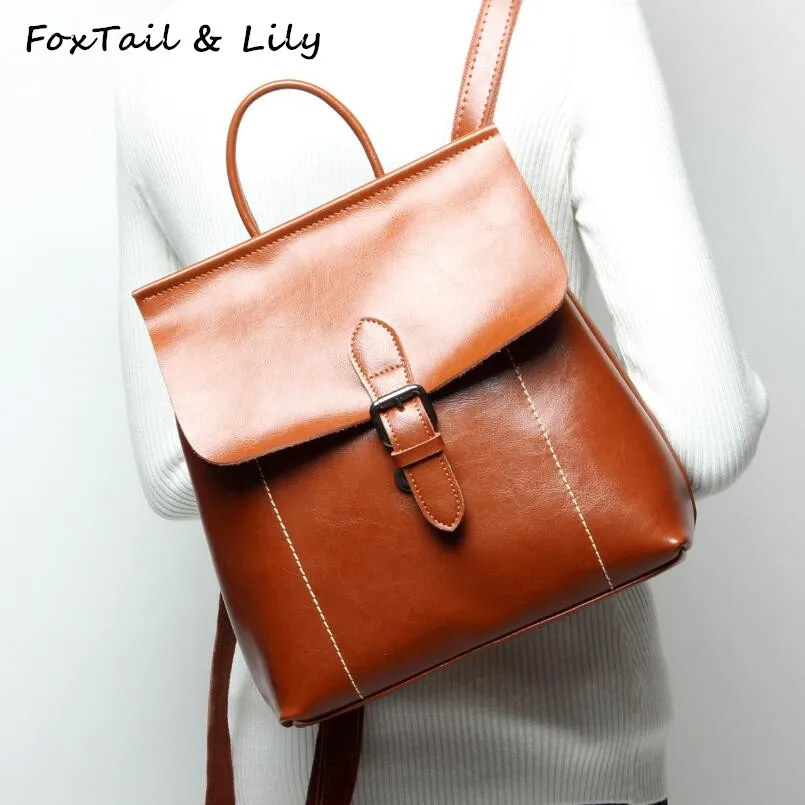 FoxTail & Lily Genuine Leather Fashion Backpack Shoulder Bag Women Oil Wax Cow Leather School Backpacks for Girls High Quality