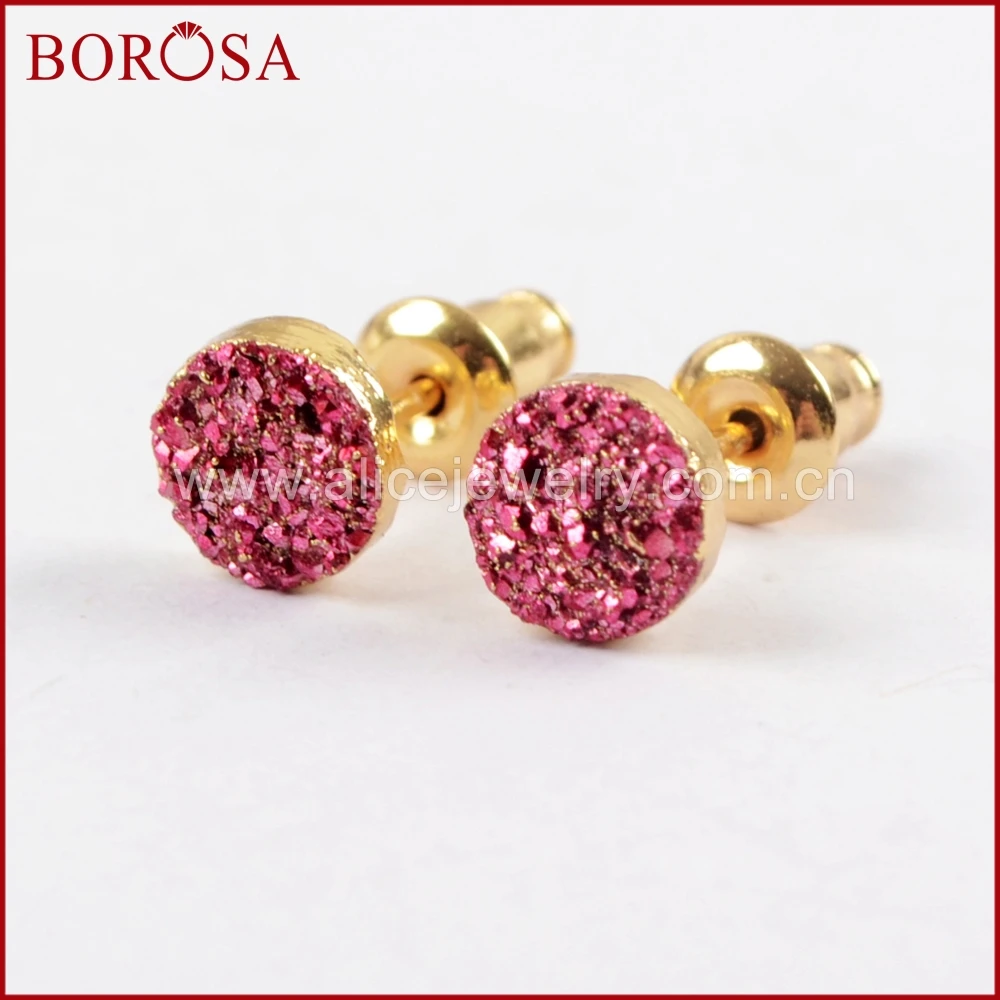 BOROSA Design 6mm Round Gold Color Titanium Mixed Electroplated Druzy Stud Earrings Fashion Drusy Jewelry G1619 | Украшения и