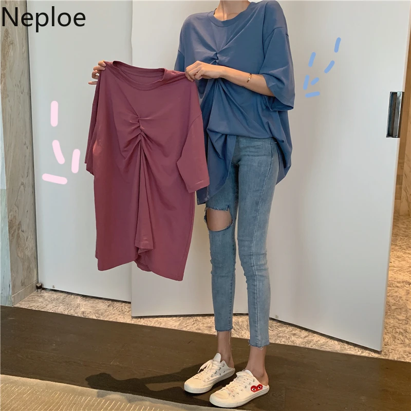 Женские футболки с круглым вырезом Neploe Knotting корейские свободные однотонные Топы