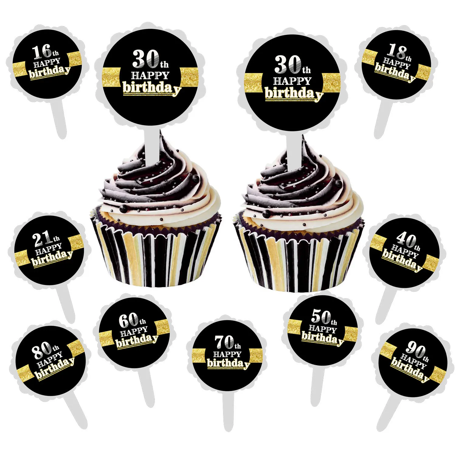 6 шт./лот Happy 16/18/20 Вт 30 Вт/40/50/60/70/80/90th Юбилей украшения для кексов топперы на