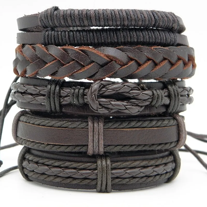 5pcs/set Trendy Male leather Braided Wrap bracelets Multilayer Men's Vintage Wristband Jewelry Brown Xmas Gift | Украшения и