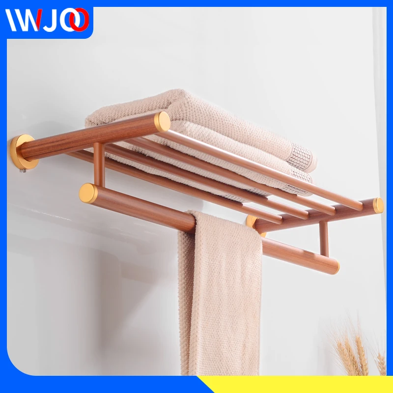 Вешалка держатель для полотенец ванной комнаты деревянная алюминиевая полка