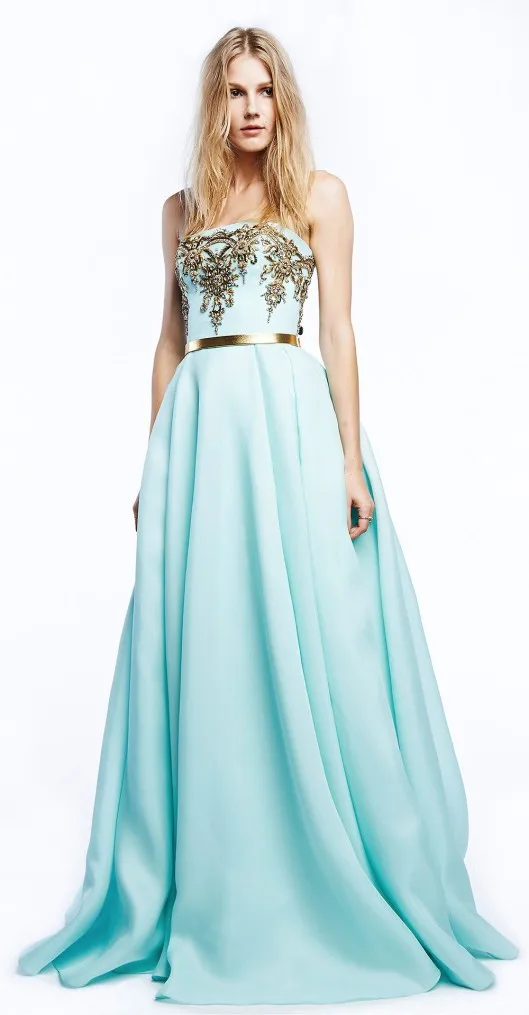 

Light Blue Strapless Gold Applique Chiffon Evening Dresses Dubai Saudi Arabia Floor-Length A-Line Evening Dress Gown