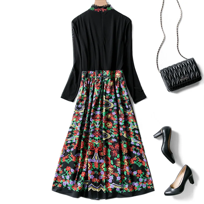 Весна Осень Дизайнер Потрясающие платье макси Женская с длинным рукавом