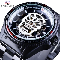forsining sport series steampunk skull design black stainless steel luminous skeleton watch mens automatic watches top brand