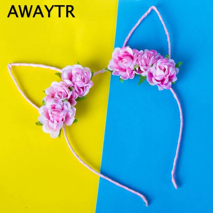 AWAYTR, милые кошачьи ушки, повязки для волос для женщин, девушек, цветочные обручи для волос, вечерние повязки на голову, свадебные головные уборы, диадемы для девочек, аксессуары для волос