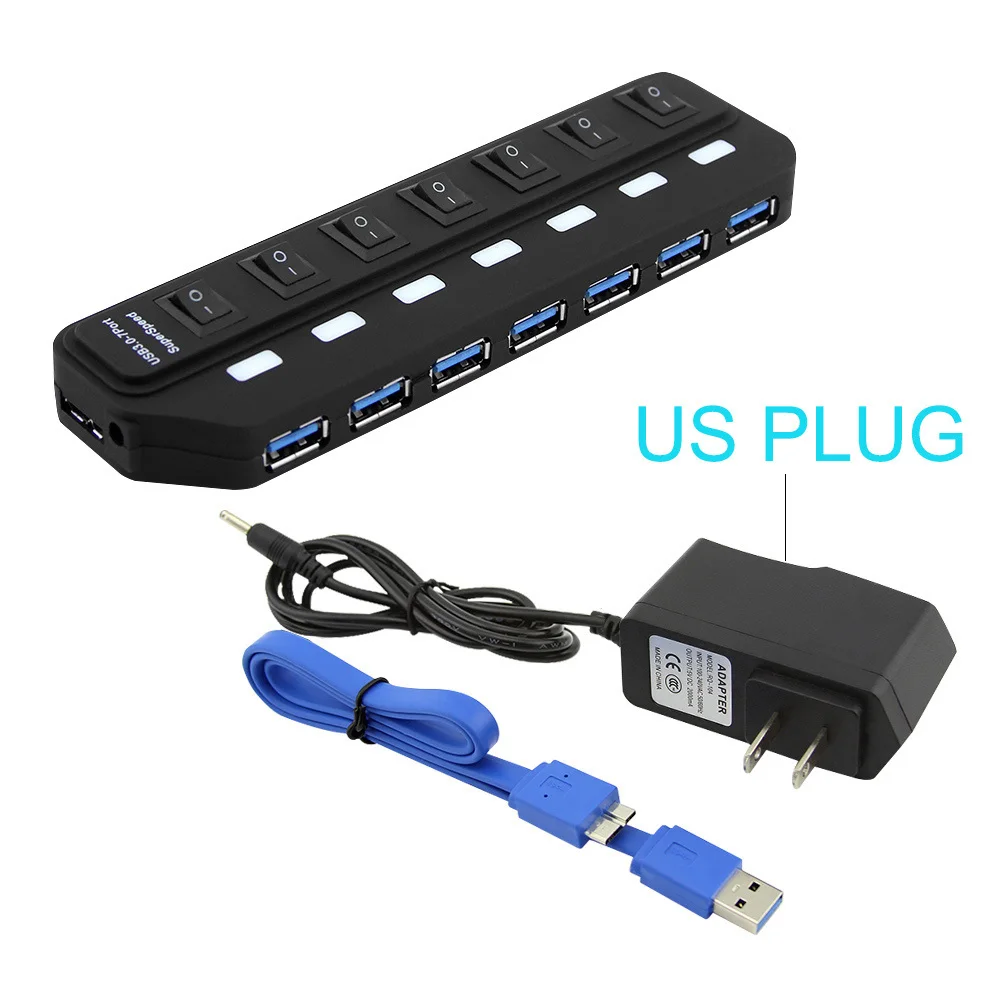 Firstmemory USB3.0 концентратор USB-A до 4/7 Порты и разъёмы USB3.0 на соответствие стандарту ЕС/США/AU/UK DC 5 V/2A Мощность адаптер светодиодный включения/выключения разветвитель для портативных ПК