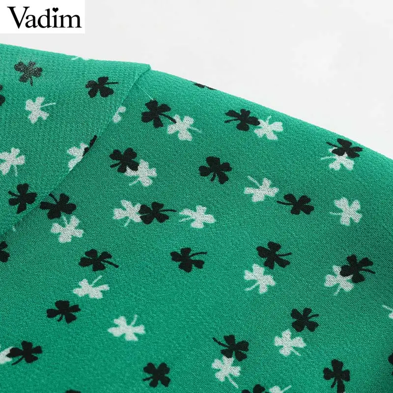 Vadim women floral print chiffon green dress V neck gathered long sleeve female casual dresses elegant summer vestidos QC009 | Женская