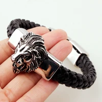 hip hop leather link stainless steel mens bracelet lion head rope vintage fashion jewelry gold color accessories male bracelets