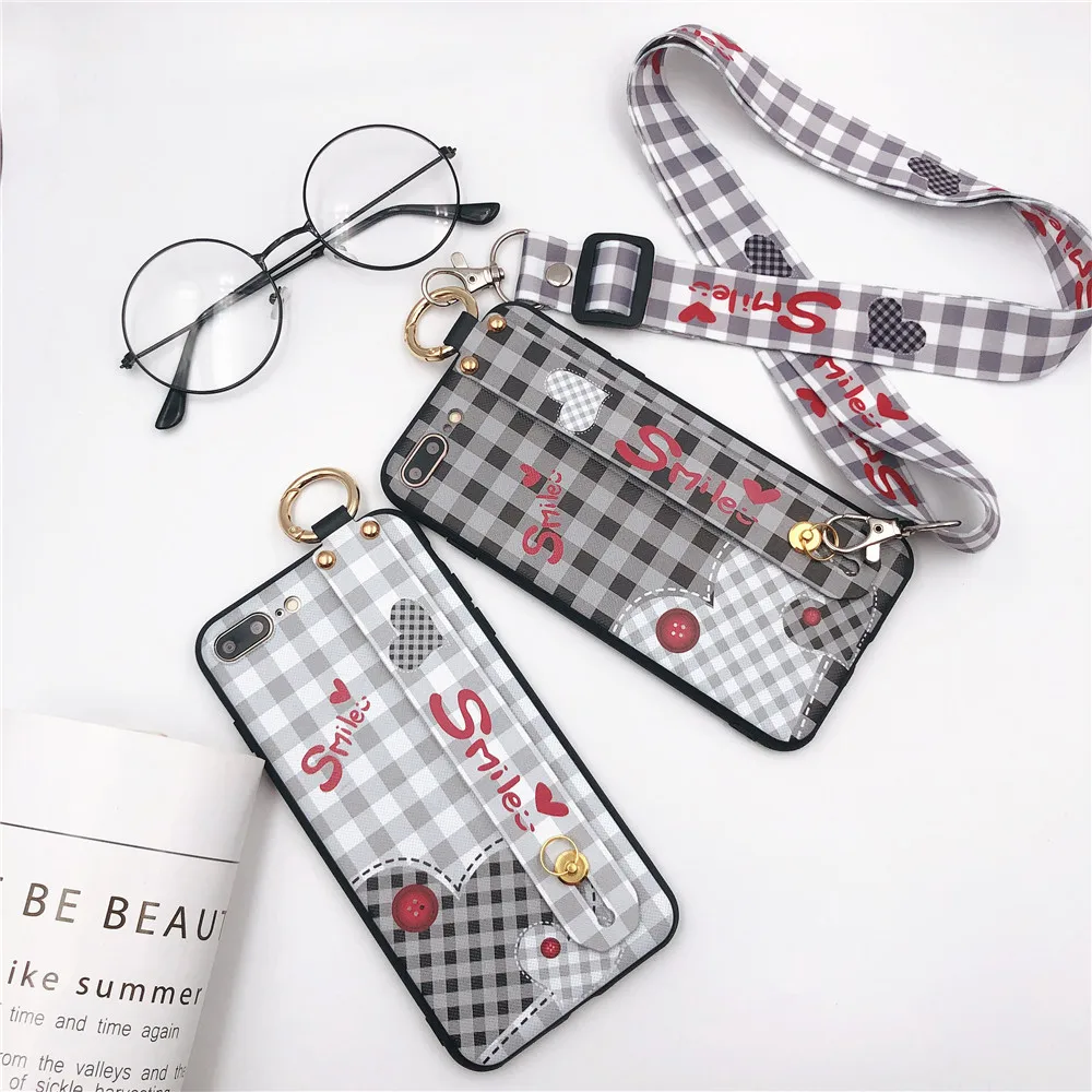 Wrist Strap Phone Case For iPhone X XR XS MAX Lattice Printing Love Silicone for iphone 7 6s 8plus Lanyard Neck Cover |