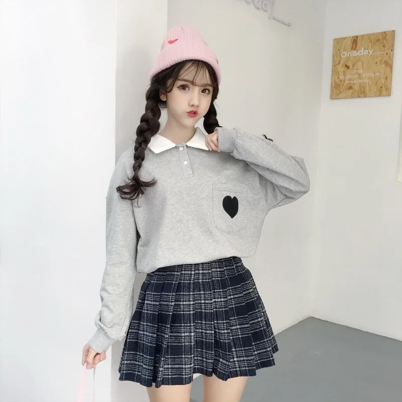Harajuku модные милые любовь вышивка Для женщин толстовки хлопок сладкий с лацканами студент Толстовка поло воротник свободные пуловеры
