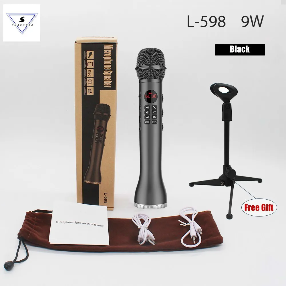 Black stand 9 Вт беспроводной Динамический микрофон L598 Bluetooth ручной караоке микрофон динамик с подставкой Поющая запись для Andriod IOS Телефон - Цвет: Black stand