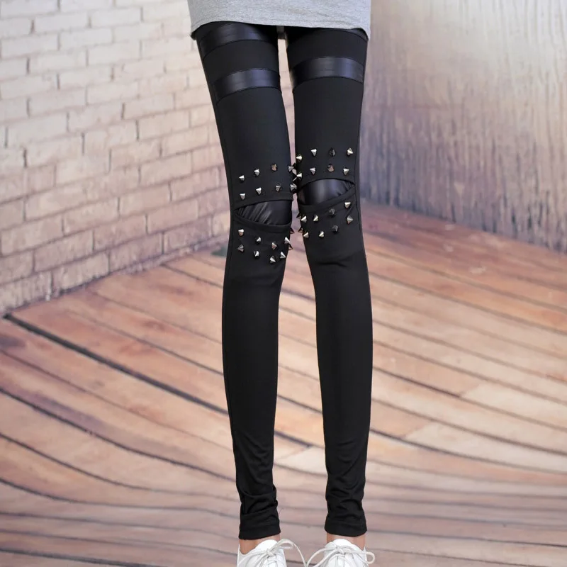 2017 Модные женские леггинсы в стиле панк из искусственной кожи с заклепками|calzas