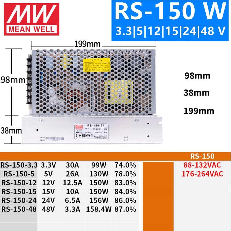 Бренд MEAN WELL представляет RS-75 100 150 3,3 V 5V 12V 15V 24V 36V 48 V meanwell RS-75 3,3 до 5 лет, 12 предметов в упаковке 15 24 36 48В одиночный Выход переключение Питание