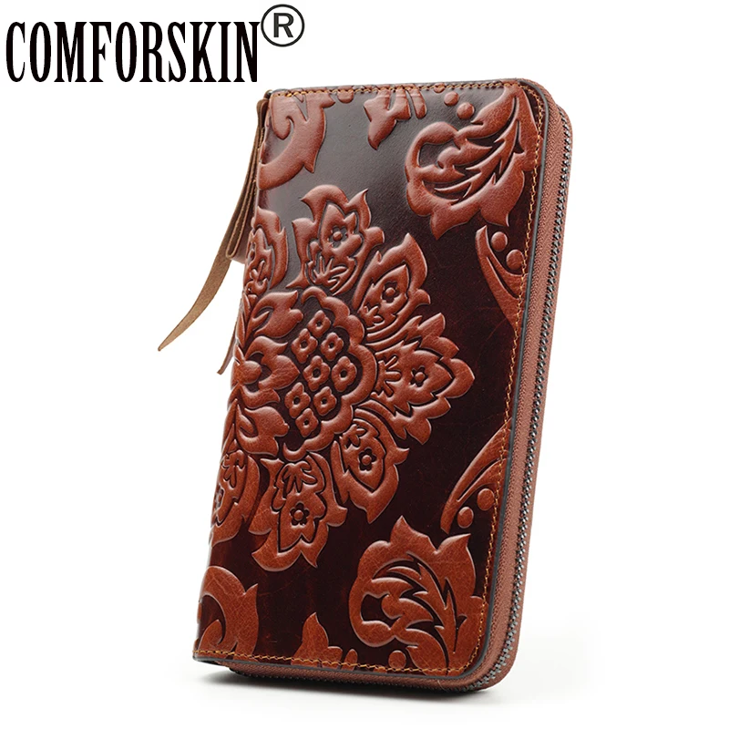 COMFORSKIN Billetera Mujer, натуральная кожа, уникальный Тисненый Цветочный принт, известный бренд, длинный женский органайзер, кошельки, Carteira Feminina