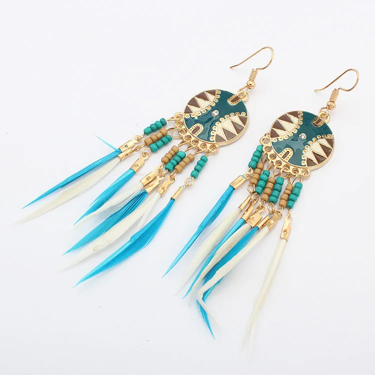 New Vintage Indian Ethnic Style Jewelry Bohemia Boho Earrings Colorful Enamel Beads Long Feather Tassel Drop Brincos | Украшения и