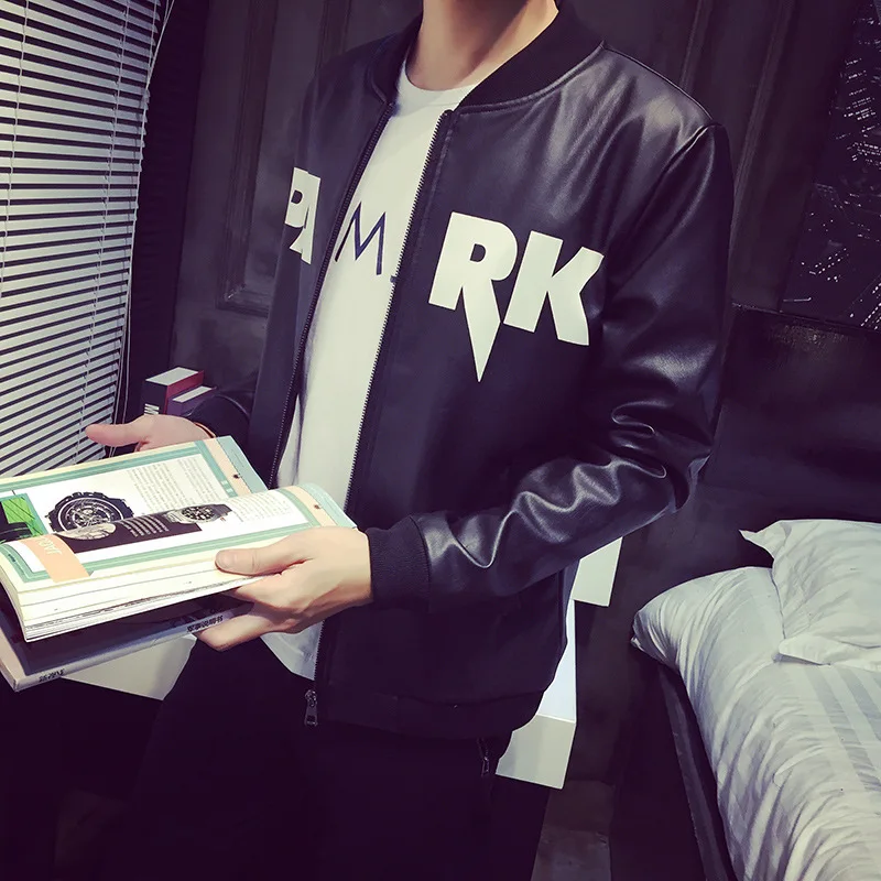 Мужская куртка в стиле хип хоп светло Коричневая Кожаная байкерском с надписью