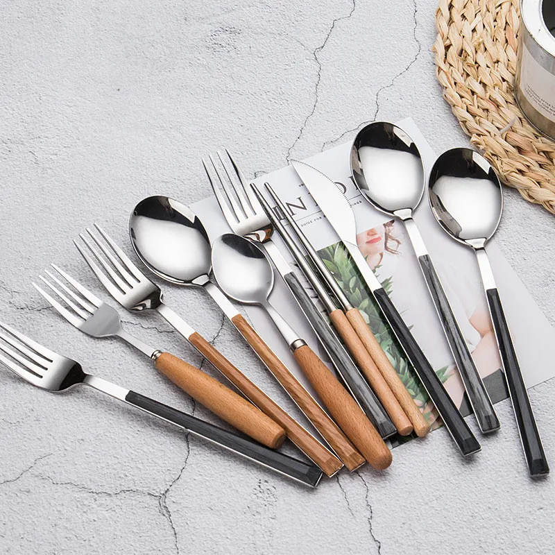 Портативный набор столовых приборов из нержавеющей стали 304 посуда с деревянной