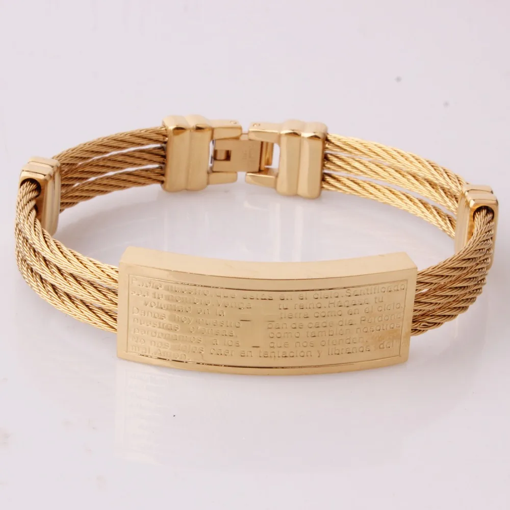 Fashion Gift Stainless Steel Gold Tone Cross Bible 3 Rows Cable Wire Rope Chain Cuff Bangle Bracelets Mens Womens Jewelry 7.67&quot |