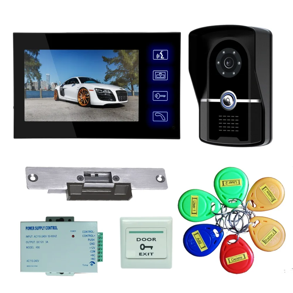 

Домашний видеодомофон, домофон, дверная система, 7-дюймовый TFT монитор + 700TVL камера + источник питания + замок + брелки в комплекте