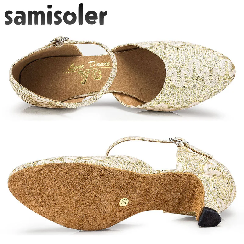 Samisoler Yellow/W New Cloth Collocation Shine Ribbons Ballroom Fashion Dance Women Latin Dance Competition Shoes