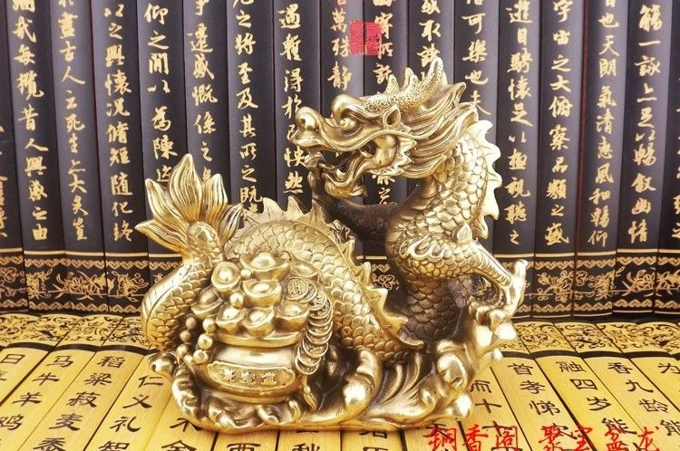 

17cm China brass copper Feng Shui lucky treasure bowl dragon Sculpture statue