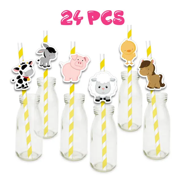 straws 24pcs Вечерние украшения для торта в тематике фермы животные в центре украшения для дня рождения принадлежности для тематической вечеринки в виде сельскохозяйственных животных - Цвет: straws 24pcs