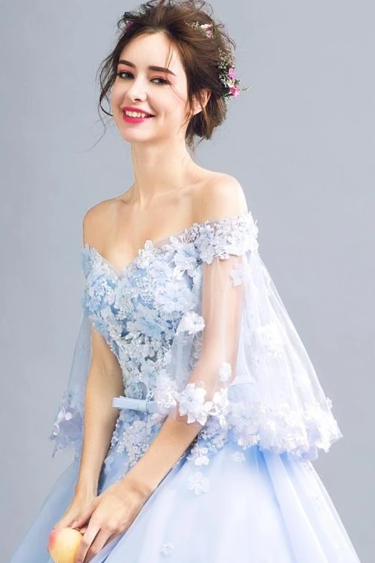 Детские синие V образным вырезом красивые PromDresses 2019 3D бусины в форме цветов