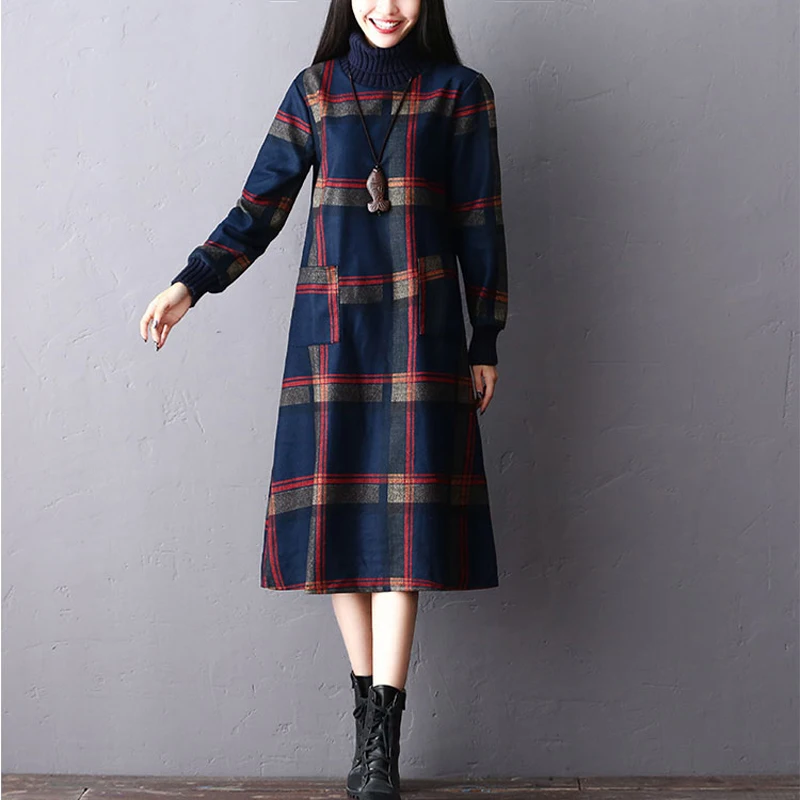 Saiqigui 2019 Autumn winter dress Vintage Turtleneck long sleeve women casual Loose A-Line Plaid vestidos | Женская одежда