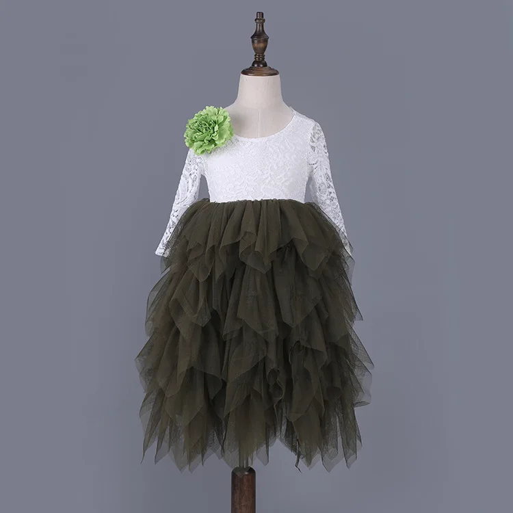 army green ; экспресс-; сезон осень-От 1 до 8 лет; длинное кружевное платье для девочек; Макси-Платья принцессы для девочек; пышные костюмы для девочек на свадьбу и день рождения - Цвет: army green