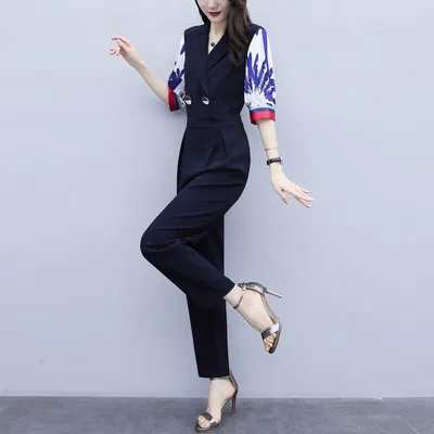 2019 Summer New Casual Fashion High Waist Jumpsuit Print V Collar Thin Section Feet Suit Women Plus Size | Женская одежда