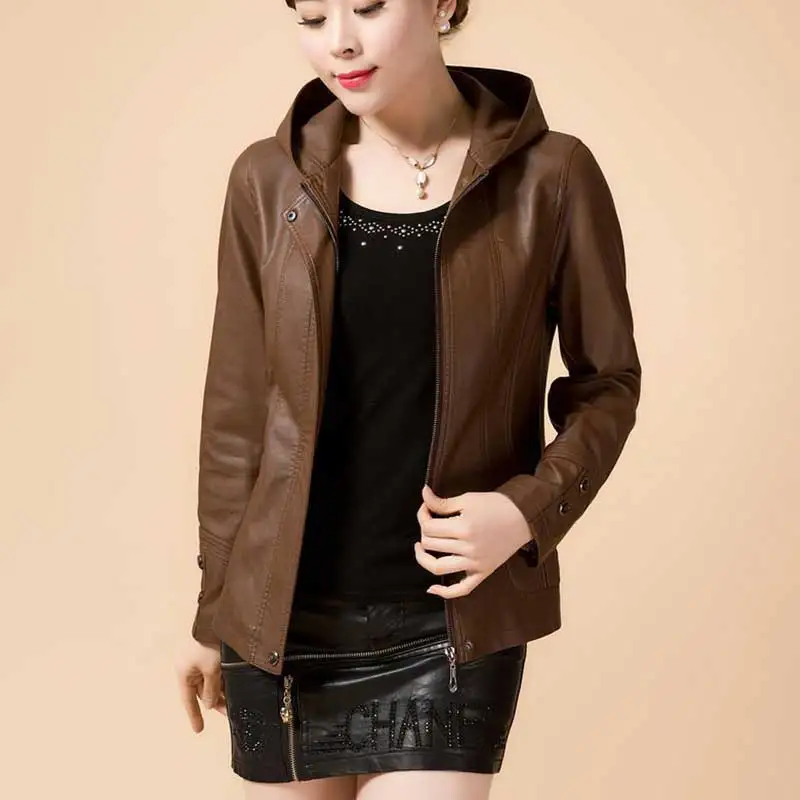 Spring Plus size Bomber Leather Jacket Women Motorcycle short jacket Hooded  zipper Faux PU leather Jjackets women coat WZ789