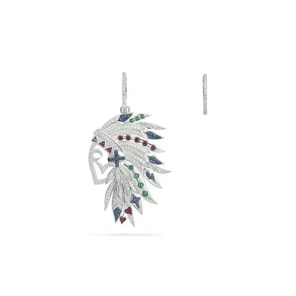 

[MeiBaPJ]Luxury Brand 925 Sterling Silver Asymmetric Retro Indian Drop Earrings Colorful Zircons Feather AB Earrings Women Jewel