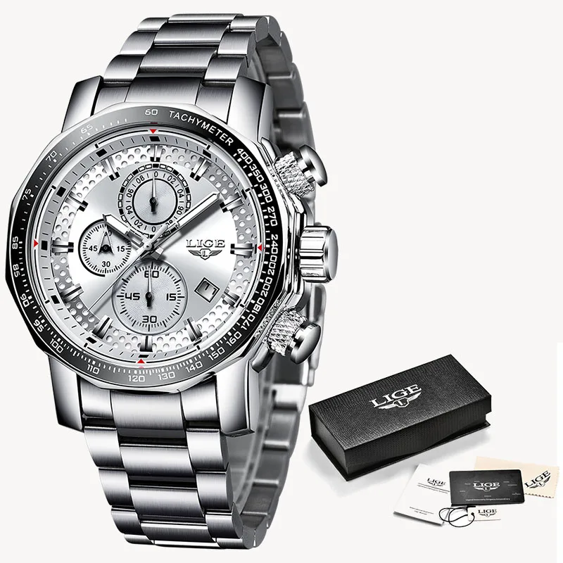 Silver white Montre Homme LIGE, новинка, спортивные мужские часы с хронографом, Топ бренд, роскошные полностью Стальные кварцевые часы, водонепроницаемые часы с большим циферблатом для мужчин - Цвет: Silver white
