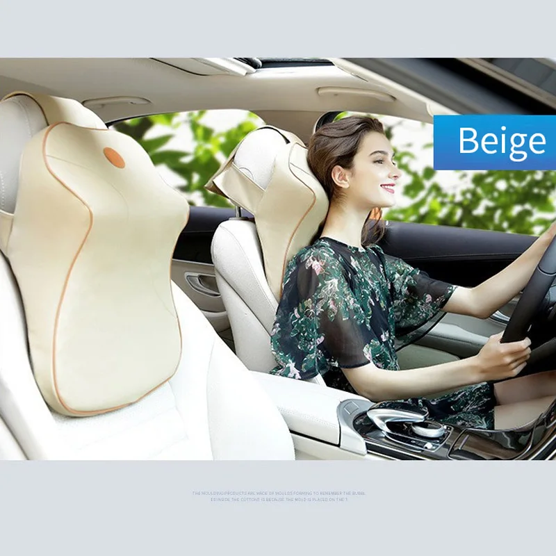 1pcs beige Кожа+ 3D пены памяти Автомобильная подушка для шеи Регулируемая подголовник авто подголовник дорожная подушка с для Renault Volvo Citroen - Цвет: 1pcs beige