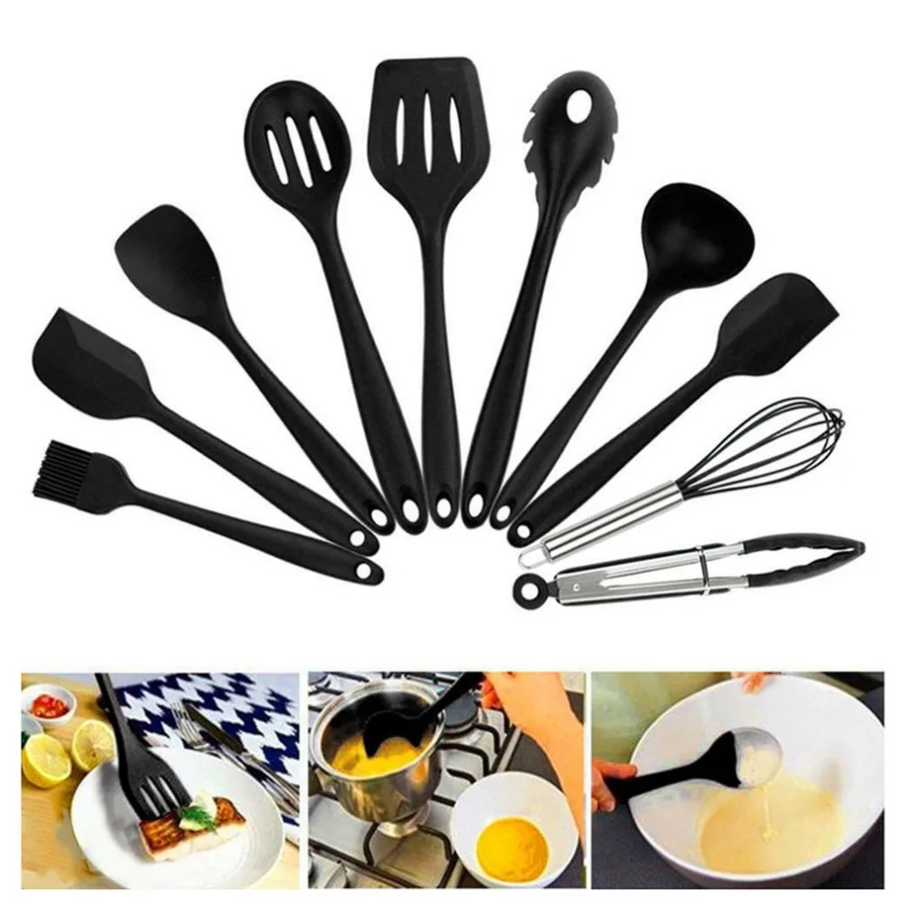 

10pcs/Set Food Grade Silicone Non-stick Utensils Set Spoon Spatula Ladle Egg Beaters Tong Pasta Server Kitchen Cooking Tool