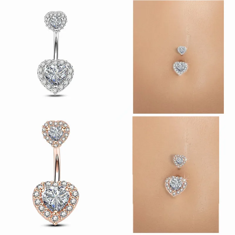 Body Punk Wholesale 10 pcs/set Piercing Jewelry 14G Double Heart AAA CZ Curved Barbell Navel Piercing Ring Belly Button Rings